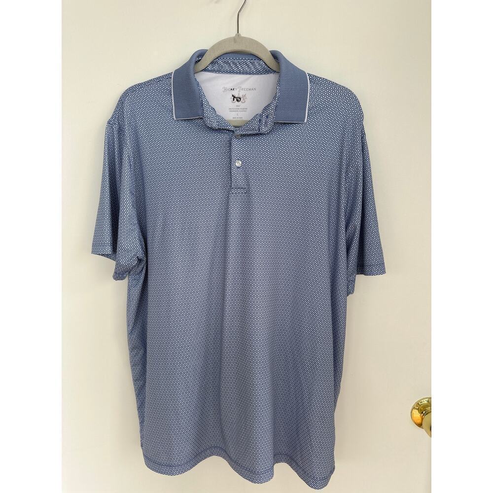 Hickey Freeman Blue Geometric Golf Polo Shirt Size Large, EUC